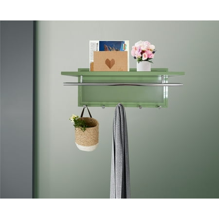 Metal Powder Coating Hook Wall Mounted Shelf with 5 Hooks Hanging Coat Hanger with Shelf for Entryway/Bathroom/Mudroom Green