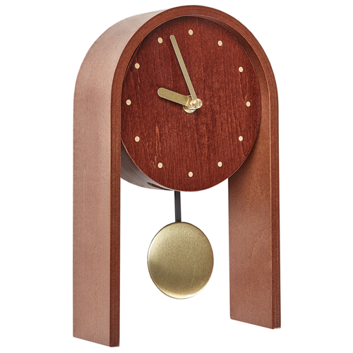 Tischuhr Dunkler Holzfarbton MDF-Platte 25 cm Hoch mit Pendel ohne Ziffern Sekundenzeiger Halbrund Retro-Design Schreibtischuhr Uhr