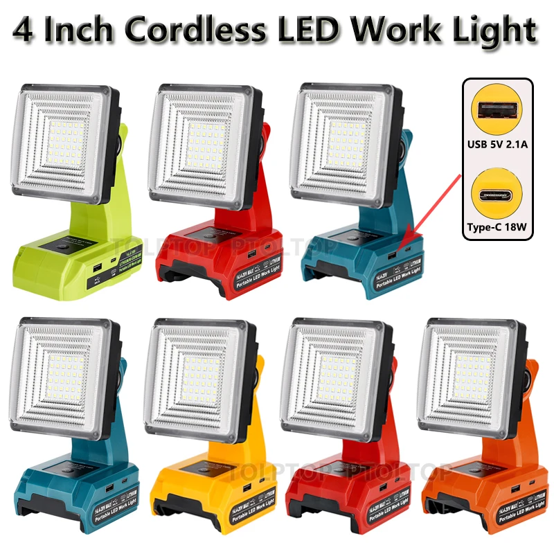 Kabellose LED-Arbeitsleuchte für Makita/Bosch/Dewalt/Milwaukee/Ryobi/Black&Decker/Craftsman, 14,4 V–18 V Li-Ionen-Akku mit USB und Typ C Image