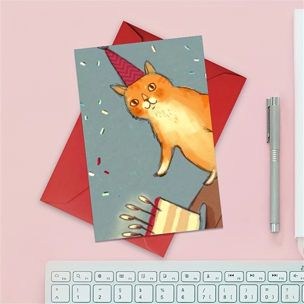 1pc, Geburtstags karte mit einer Illustration einer roten Katze, die eine Geburtstags torte schiebt, niedliche lustige Karte für Katzen liebhaber, mit Umschlag Image