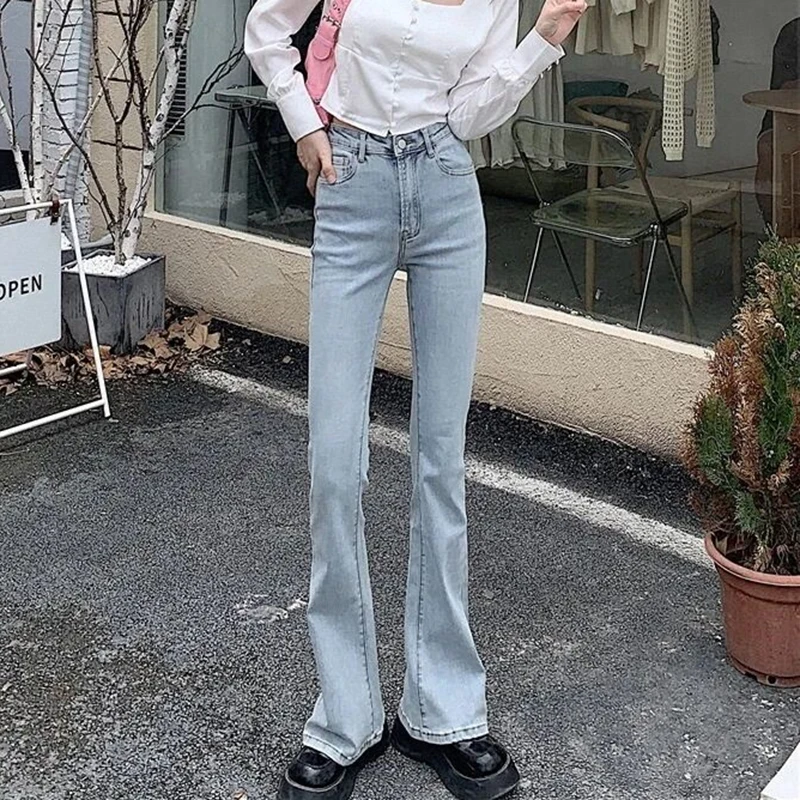2024 Frau Hohe Taille Vintage Flare Jeans Weibliche Elastische Bell-Bottom-Hose Mädchen Schwarz Braun Tiefblau Hellblau Denim Hose