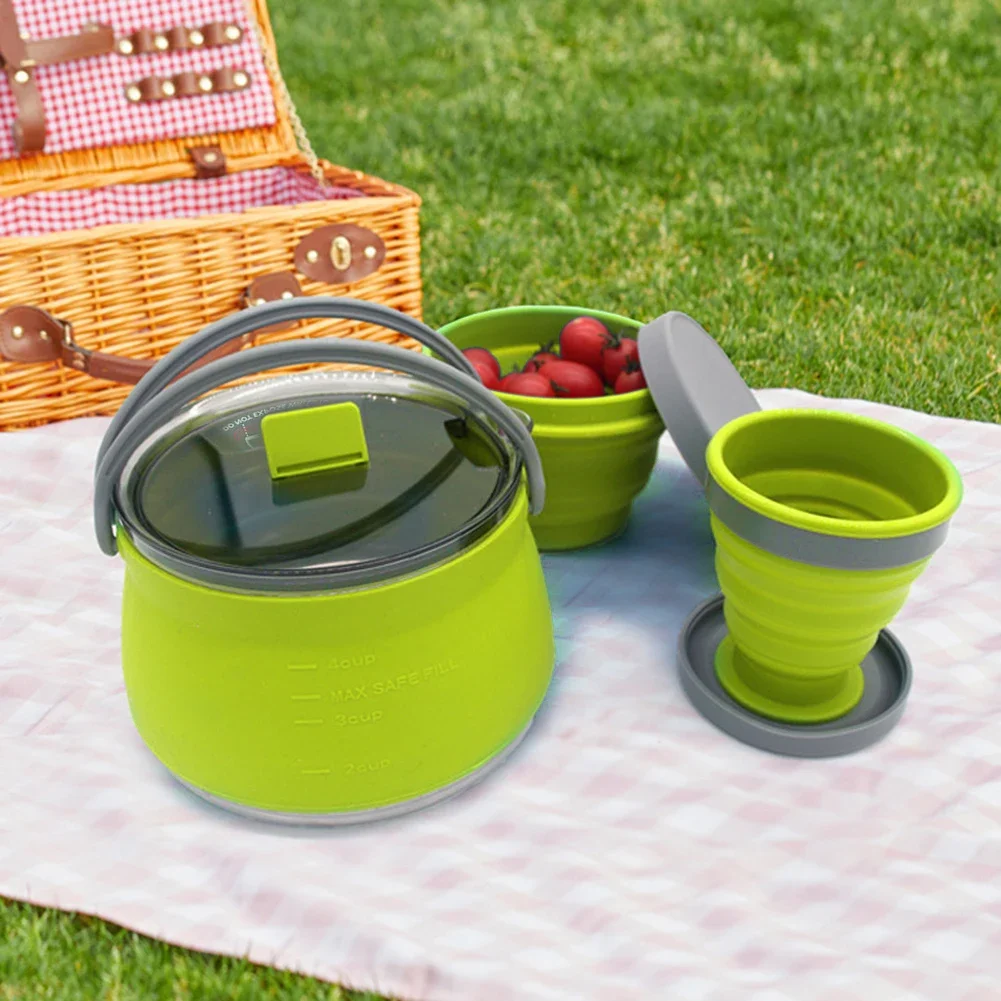3-teiliges faltbares Wasserkocher-Becher-Set aus Silikon, tragbar, zusammenklappbar, kochendes Wasser, Topf, Trinkbecher, Schüssel, Geschirr-Set für Outdoor-Camping Image