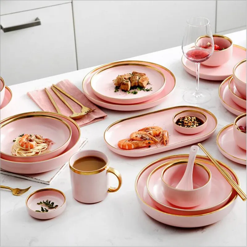 Gilt Felge Rosa Porzellan Teller Set Küche Platte Keramik Geschirr Lebensmittel Gerichte Reis Salat Nudeln Schüssel Becher Besteck Set 1pc Image