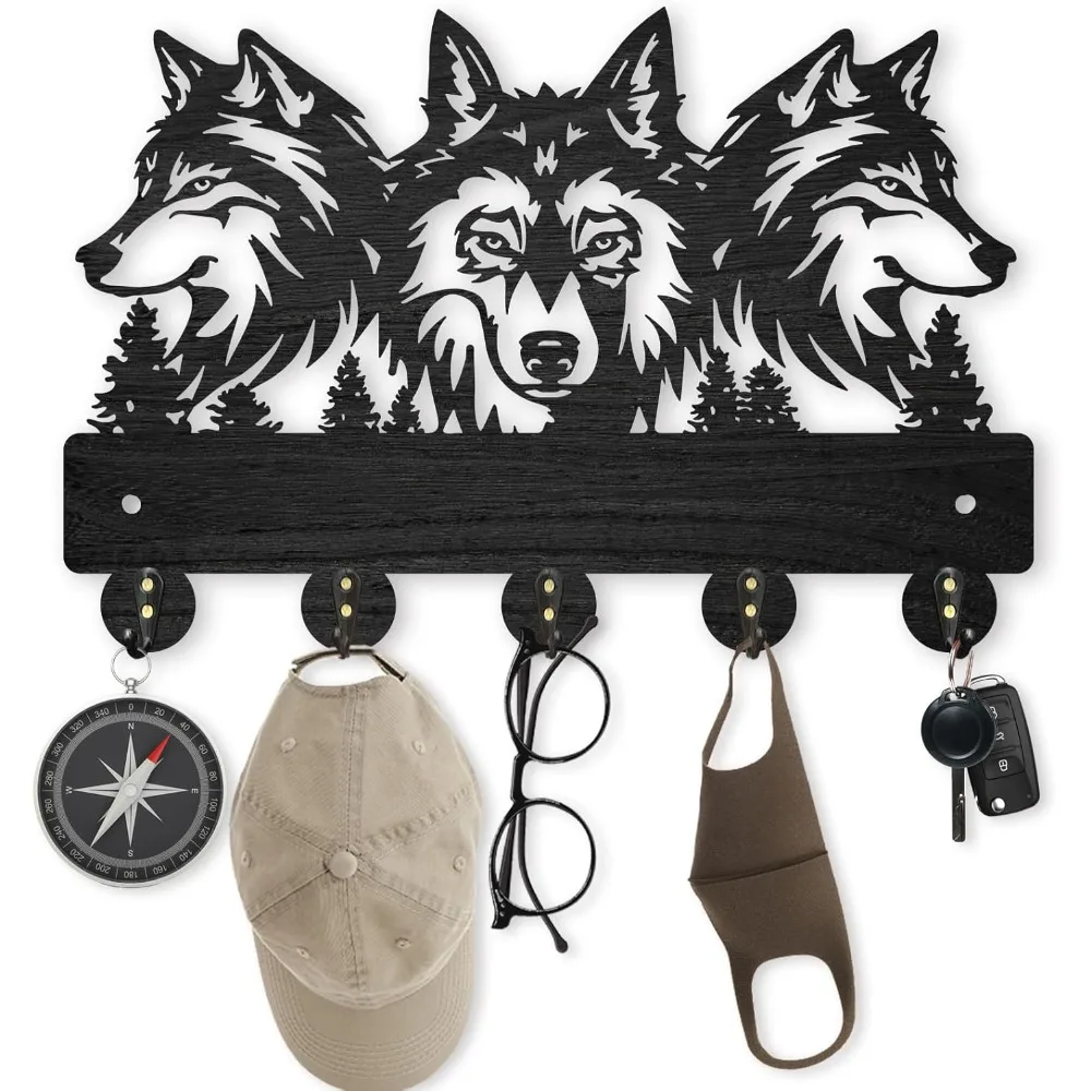 Wandgarderobe aus Holz, 11,8 x 8 Zoll, Wolf Forest, Schlüsselhalter für Wandgarderobe, Wolf-Schlüsselhaken, 5 Legierungshaken, Tierthema