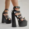 Laigzem Frauen Sandalen Spikes Schnalle Träger klobige quadratische High Heels Sandalen Party Punk Pumps Schuhe Frau Größe 38 41 44 47