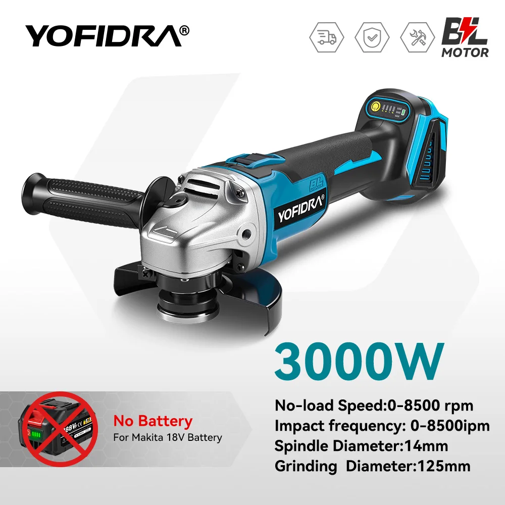 YOFIDRA 3000W 125MM Bürstenlosen Elektrischen Winkel Grinder M14 Grinder Polieren Schneiden Maschine Power Tool Für Makita Batterie pin Image