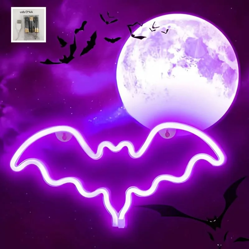 36x18cm Fledermaus Leucht reklame LED Nachtlichter USB-Batterie Halloween Wand dekoration Innen Neon Wandbehang Lampe für Home Bar Party Image