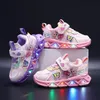 Disney führte lässige Turnschuhe für Frühlings mädchen gefroren Elsa Prinzessin drucken Pu Lederschuhe Kinder beleuchtet rutsch fest rosa lila