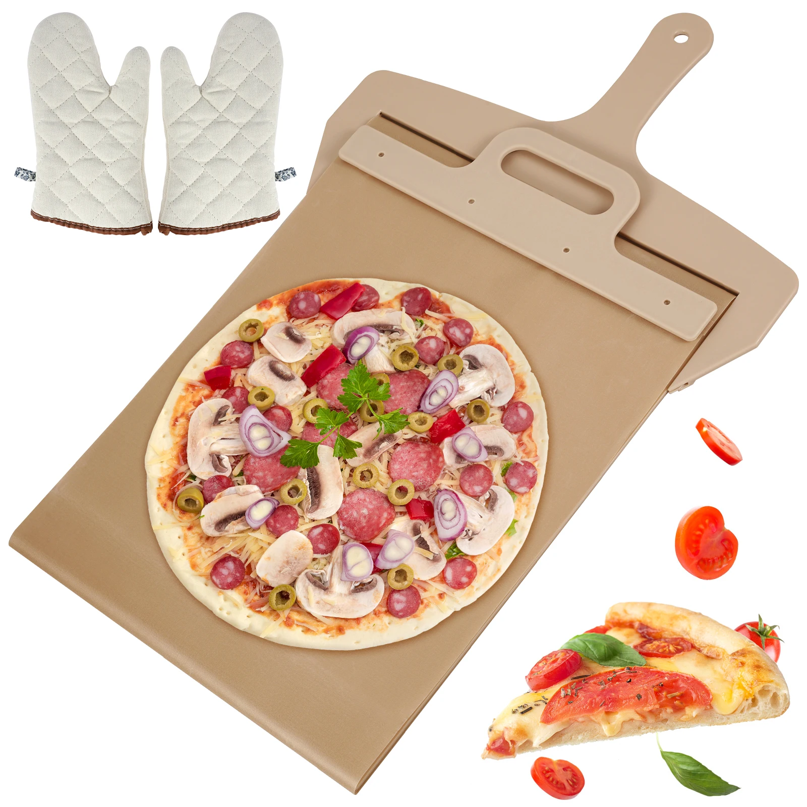 Schiebe pizza Schale mit Griff Holz Schiebe pizza Schaufel tragbare haltbare Pizza Spatel Schale mit Ofen handschuh zum Backen Image