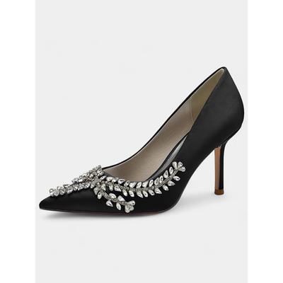 Women's Rhinestone-Embellished Satin Stiletto Heels – Elegant Pointed Toe Pumps for Evening Parties and Formal Events
