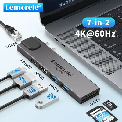 Lemorele TC47 7-in-2 USB C HUB For MacBook 4K@60Hz HDMI Wireless Type C Gigabit Docking Station