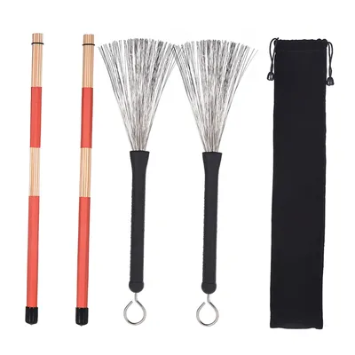 1 Pair Drum Rods Sticks + 1 Pair Drum Brushes Drum Stick Set with Storage Bag for Jazz Folk Music