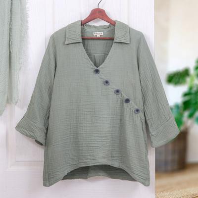 Chic Asymmetry in Sage,'Sage Three Quarter Sleeve Sidetail Double Cotton Gauze Tunic'