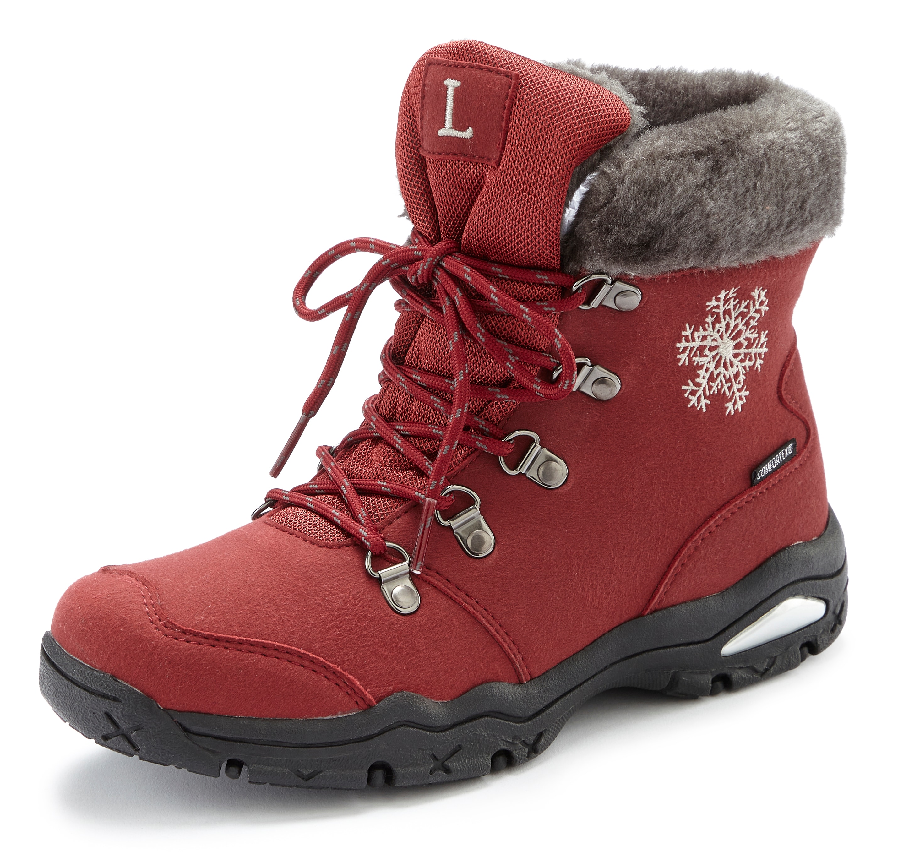 Winterstiefelette LASCANA, Damen, Gr. 41, rot (dunkelrot), Obermaterial: 100% Synthetik. Futter: 100% Polyester. Decksohle: 100% Polyester. Laufsohle: 100% Synthetik, gemustert, Schuhe, Stiefelette,Stiefel,Winterstiefel wind-& wasserabweisender...