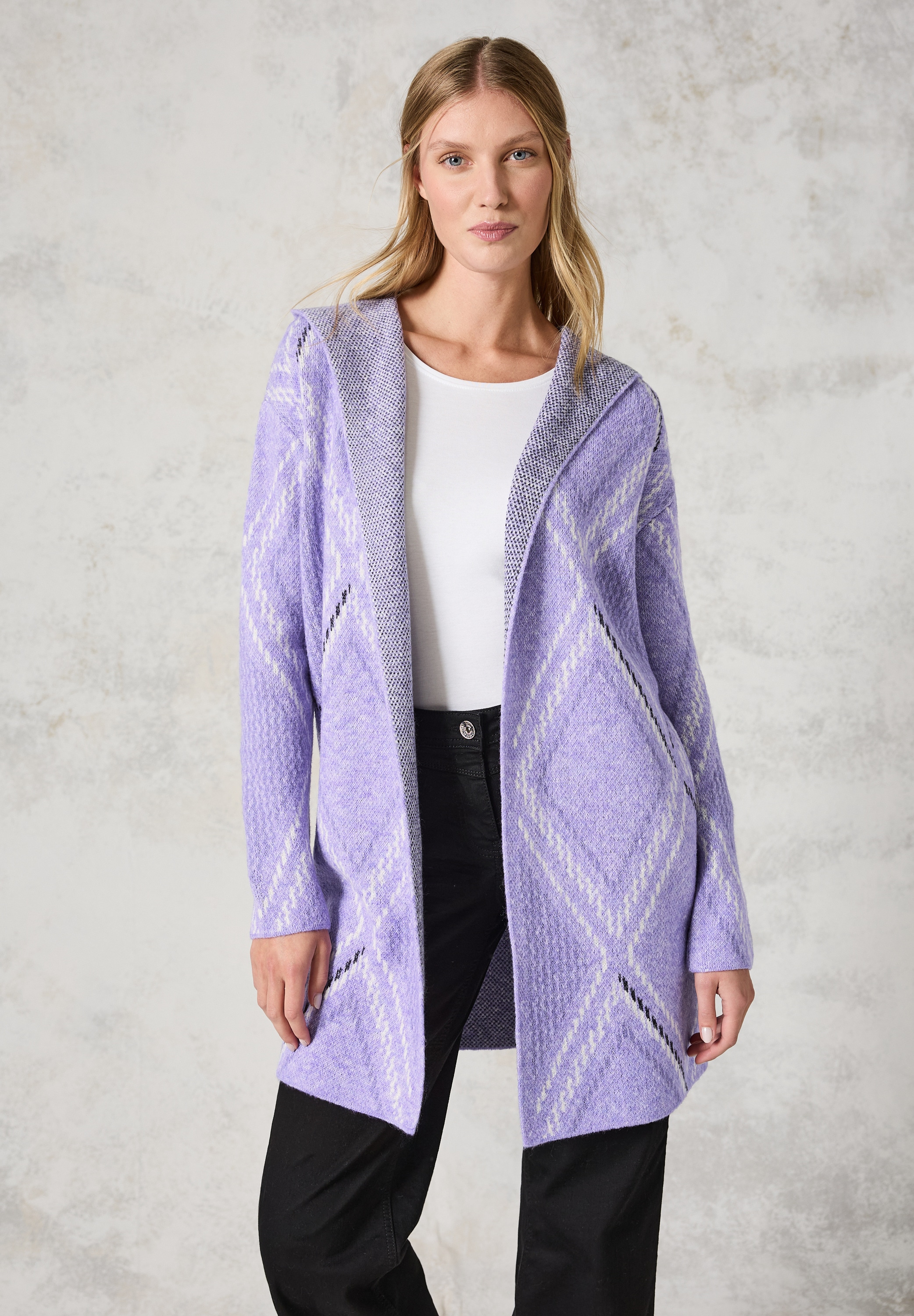 Cardigan CECIL, Damen, Gr. L (42), lila (lila melange), Stoff, 42% Polyacryl, 31% Polyester, 27% Baumwolle, bedruckt, normal kniefrei, ohne Ausschnitt, Bündchen, Strickjacken, mit grafischem Muster