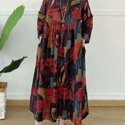 TEMU /summer Retro Linen Print Round Neck Long Sleeve Women's Loose Slimming A-line Skirt Women's Beach Cover-up Wrap Skirt