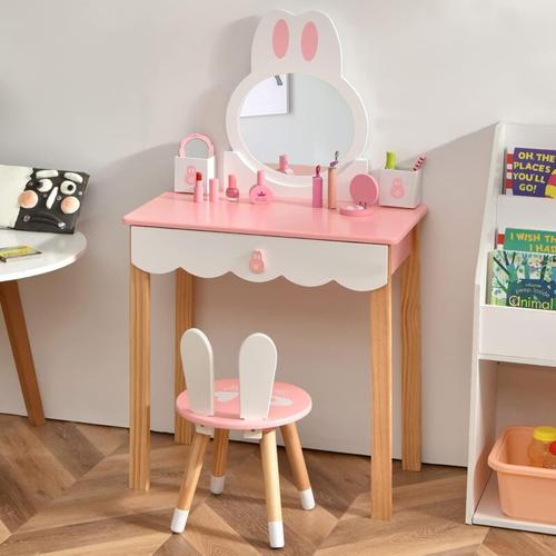 Kinder Schminktisch mit Hocker, Prinzessin Schminkkommode Frisiertisch mit Spiegel Schubladen &