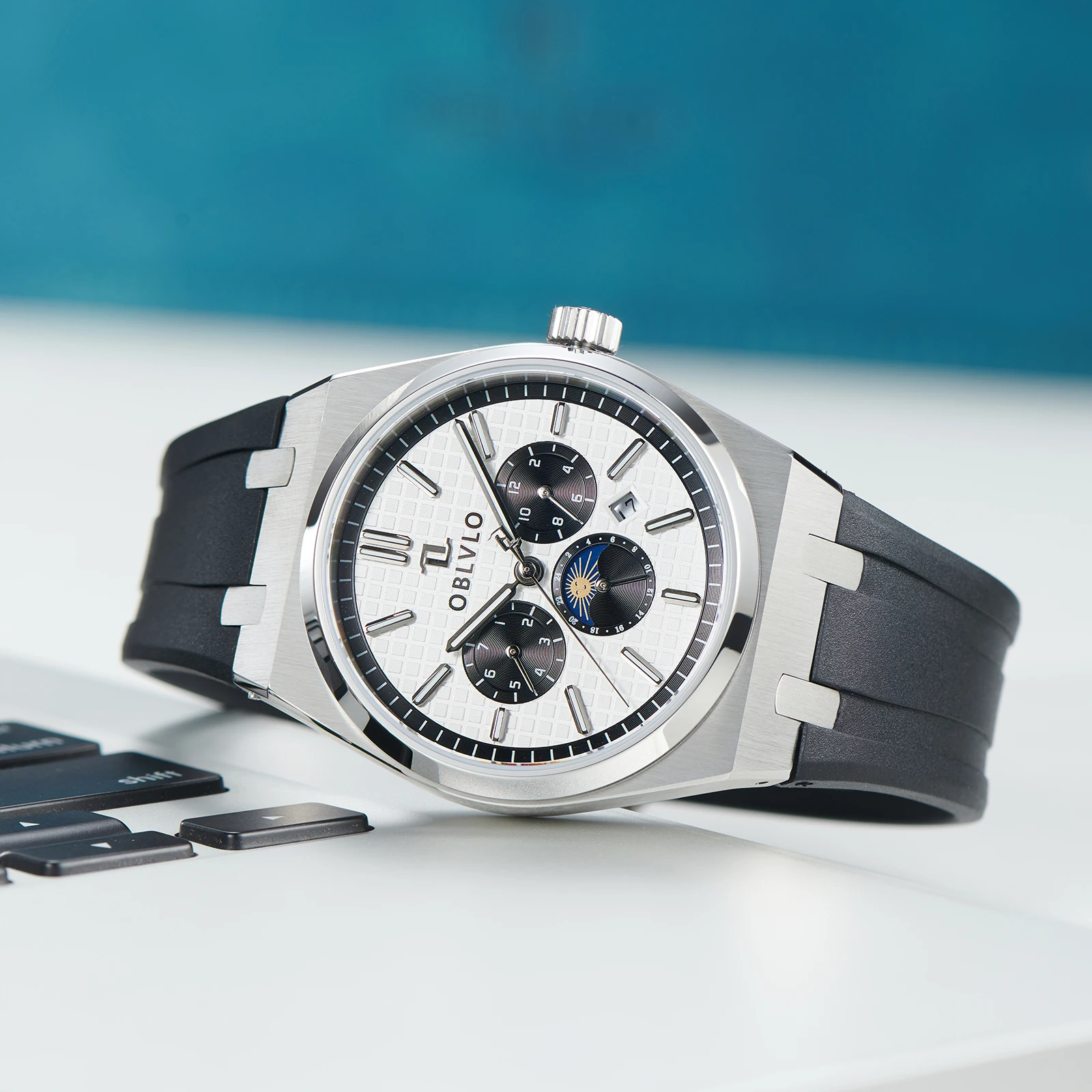 Oblvlo Luxus multifunktion ale mechanische Uhren Mondphase Gummiband Automatik uhr leuchtende wasserdichte Business-Uhr tm Image