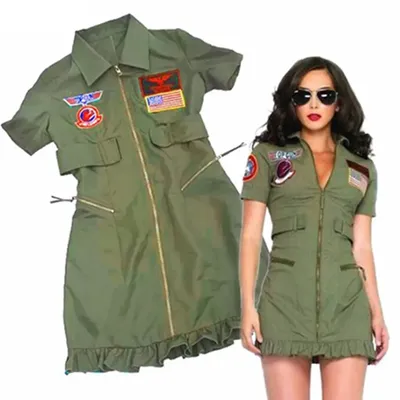 Erwachsene Frauen Retro Top Gun Maverick Flug Cosplay Kostüm Halloween Party Armee Grün American Military Pilot Kostüm Image