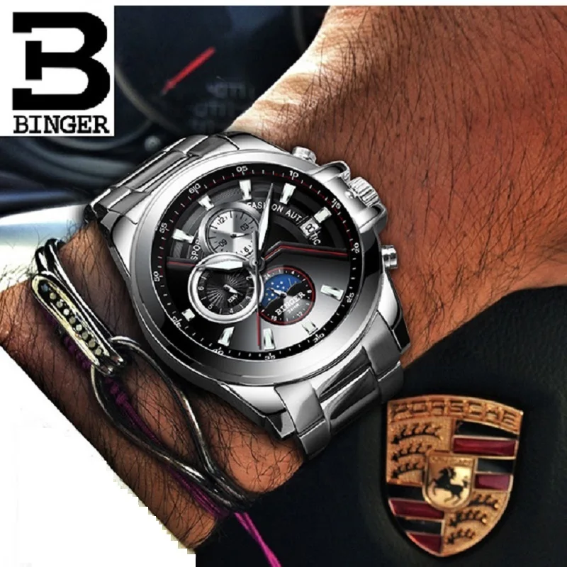 Binger Top Marke für Männer Business automatische Armbanduhren Sport mechanisch beschichtetes Glas Mondphase Chronograph Relogio Masculino Image