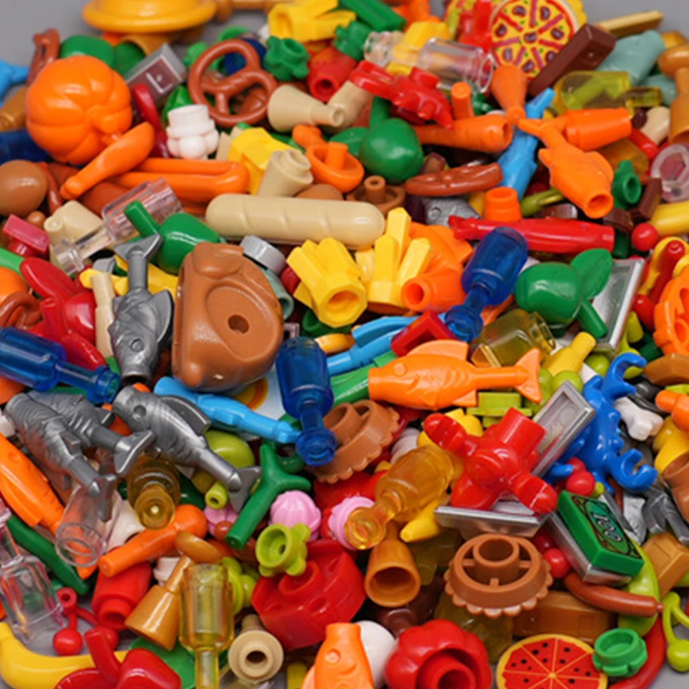 Stadt MOC Bausteine Zubehör Fisch Krabbe Obst Apfel Kirsche Gegrilltes Huhn Brot Zufällige Kit Spielzeug Klassische DIY Ziegel K044 Image