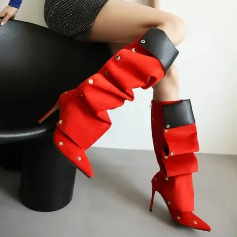 2025 frühjahr Neue Overknee Stiefel Frauen Winter Schuhe Mode Plissee Beige Ferse Stiefel Lange Frau Schuhe Größe 45 43 Boote