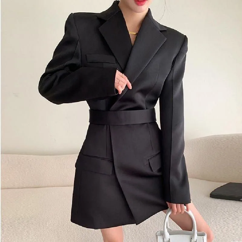 Herbst Neue High-end-Taille Schlank Blazer Jacke Frauen Casual Britischen Mittlere Länge Schwarz Anzug Mantel Frau Elegante Chic Büro Blazer