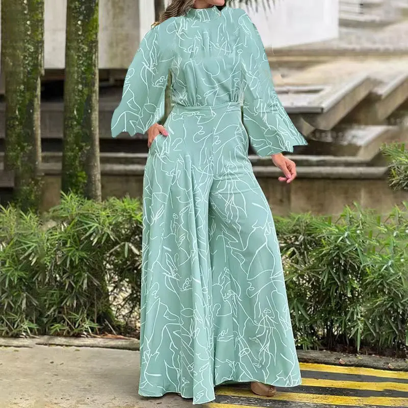 Casual Elegante Overalls Frauen Herbst Neue Lose Lange Hosen Langarm Gedruckt Hohe Taille Breite Bein Overall Pendeln Playsuits Image
