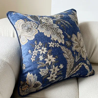 Deluxe floraler blauer königlicher Chenille-gewebter dekorativer Kissenbezug für Zuhause, 45 x 45 cm, Seilleitung, 1 Stück Packung Image