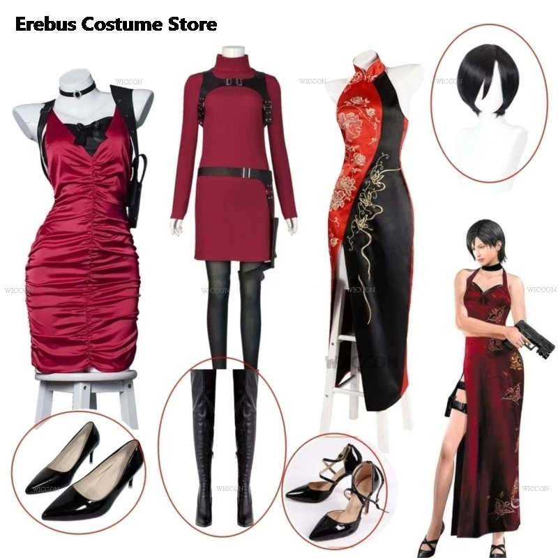 Weibliche Resident 4 Ada Wong Cosplay Kostüm Böse Cheongsam Kleid Rot Ada Perücke Schuhe Halloween Karneval Verkleidung Anzug Frauen Mädchen