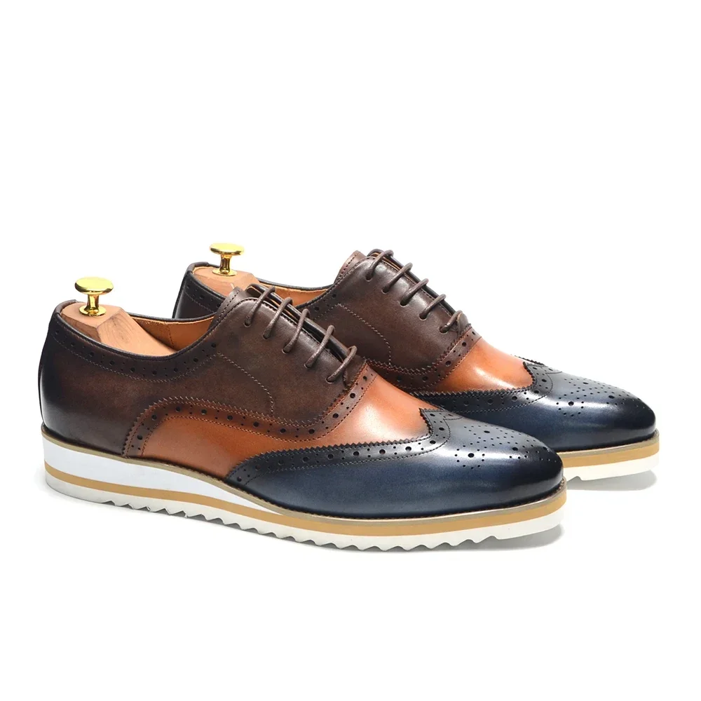 Mann Sneaker Echtes Leder Casual Kleid Schuhe Drei Farben Nähte Flügelspitze Brock Oxfords Elegante Modische Herren Schuhe