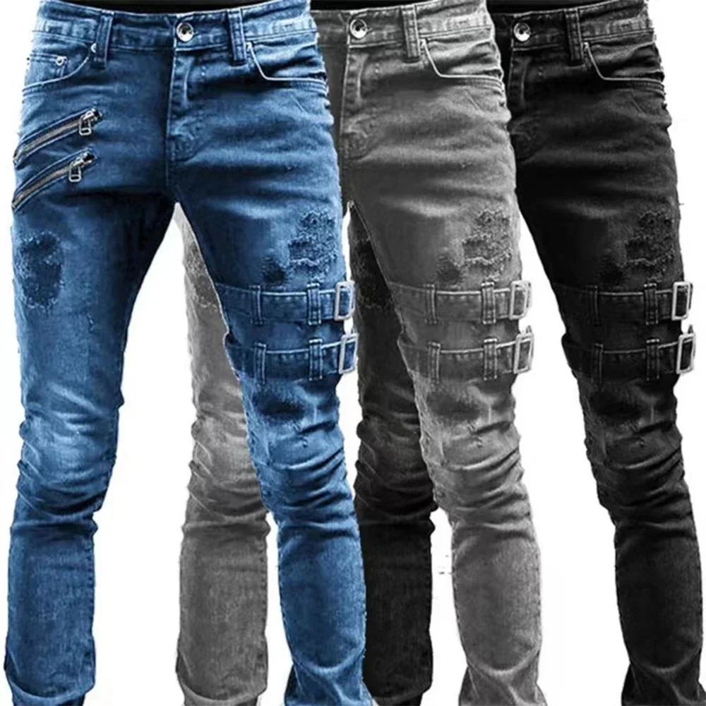 Retro Moto Biker gerade elastische Jeans Männer Reiß verschluss Loch Streetwear Punk Skinny Denim Cargo hose Pantalones Hombre Y2K Kleidung