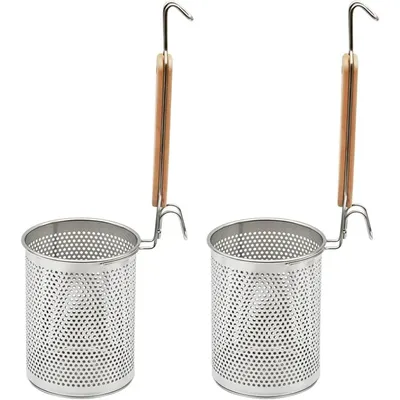 Stainless Steel Pasta Strainer 2pcs Micro-Perforated Food with Wood Handle Straining Noodles Pasta Baskets (4.7”D X 6.1”H)