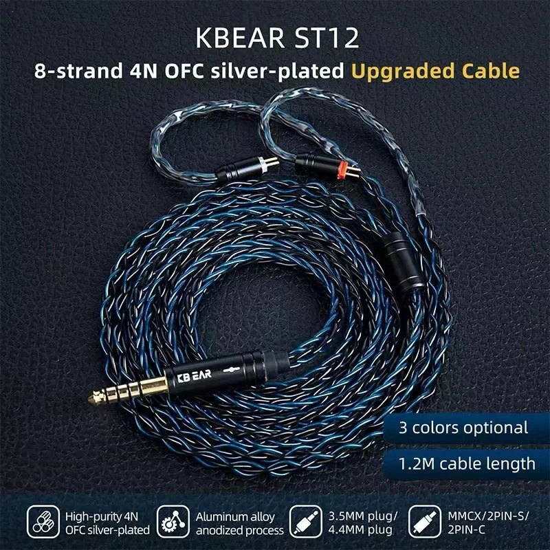 Cavo per cuffie aggiornato KBEAR ST12 8 Core placcato argento con cavo Iem 3.5/4.4mm 2pin/QDC/MMCX per auricolari KZ cuffie HIFI