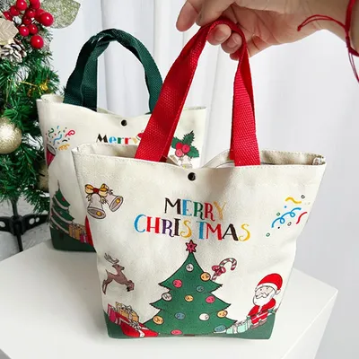 Christmas Handheld Canvas Bag Cartoon Santa Claus Xmas Tree Gift Bag Merry Christma Shopping Bag