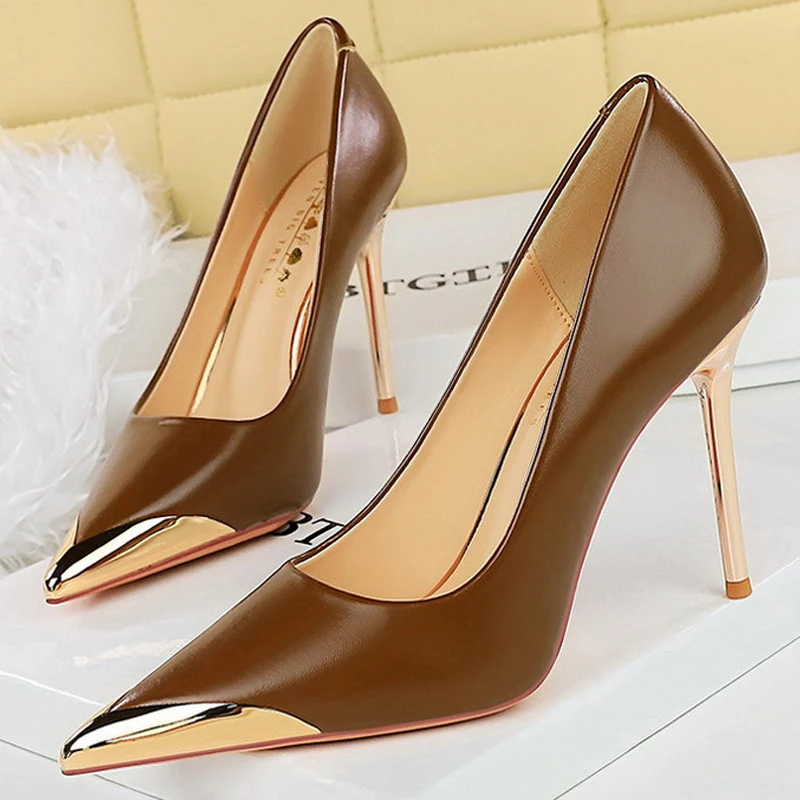 BIGTREE Shoes Retro High Heels Metal Pointed Tip Women Pumps Stiletto 9.5 Cm 4.5cm Heels Sexy Party Shoes Fashion Office Shoes