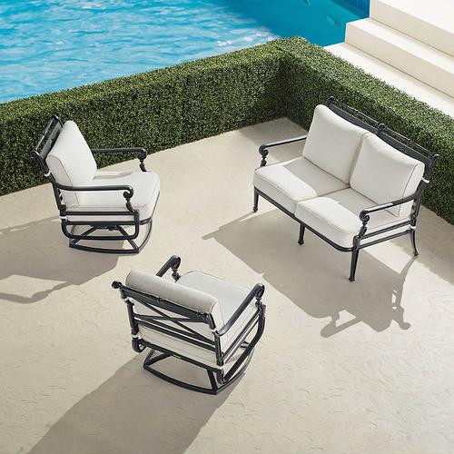 Carlisle 3-pc. Loveseat Swivel Set in Onyx Aluminum - Quick Dry, Vista Boucle Air Blue - Frontgate