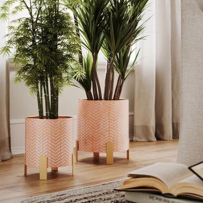 2-Piece Boho Metal Planter Pot With 4-Leg Gold Metal Base - Terracotta Color - 12"H x 11"W / 10"H x 9"W - 10"H x 9"W x 9"D