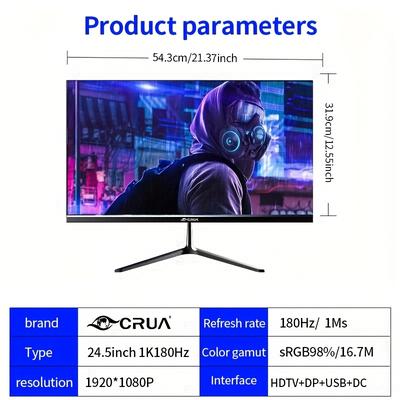 TEMU 24.5-inch Crua Monitor 180hz, 2800r Ultra Pc Screen , Bezel-less Computer Monitor With Freesync And Eyecare Technology, Vesa Support Image