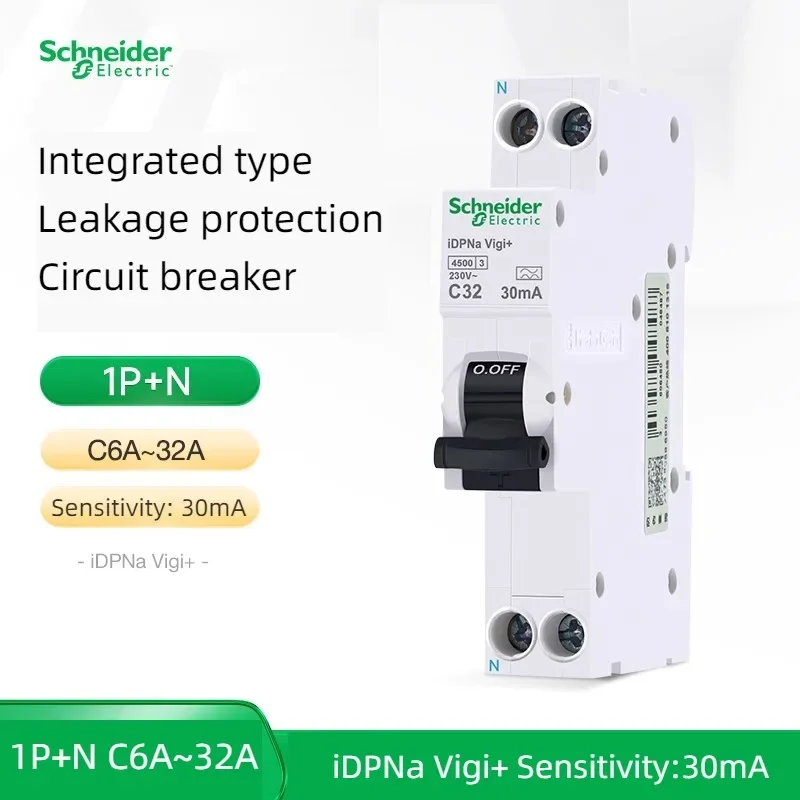 Schneider Electric Integrierter Auslaufschutz-Leistungsschalter 1P+N iDPNa Vigi+ C32 C10 C25 30mA Luftschalter 1P+N 16A A9d93620 Image