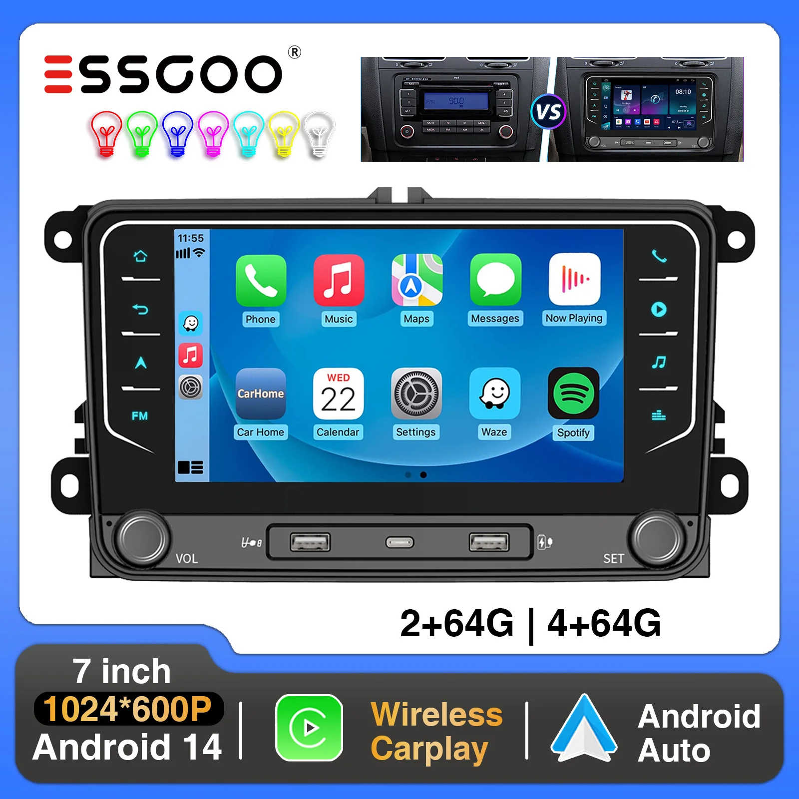 ESSGOO Autoradio 7" Android 14 4+64G Carplay per VW Golf 5 6 Passat Caddy Tiguan Touran, Android Auto, Navigazione GPS, WiFi, RDS, FM, BT, USB, SWC
