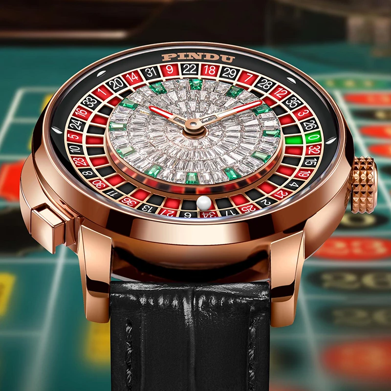 PINDU Design Neue NH35A Mechanische Uhren Männer Push Button Drehen Russische Roulette Spiel Sapphire Spiegel Diamant Zifferblatt herren Uhr Image