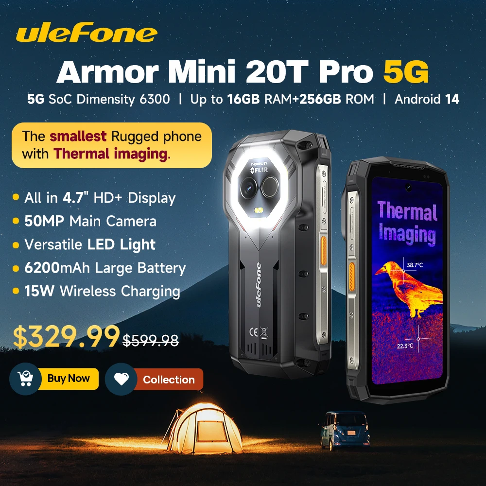 Ulefone Armor Mini 20T Pro 4,7" Robustes Telefon 5G 6200mAh 33W Ladesmartphone Android 14 16GB(8+8) 256GB LED-Licht Image