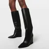Kniehohe Stiefel aus echtem Leder Damenschuhe sexy Wedges Heel schwarz Western Chelsea lange Stiefel