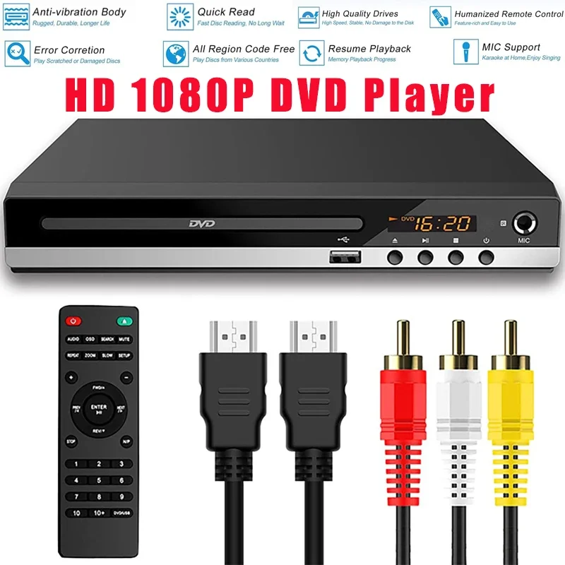 Lettore DVD Full HD + telecomando Lettore CD/EVD/VCD ad alta definizione 1080P con uscita AV HDMI Microfono USB per TV domestica KTV