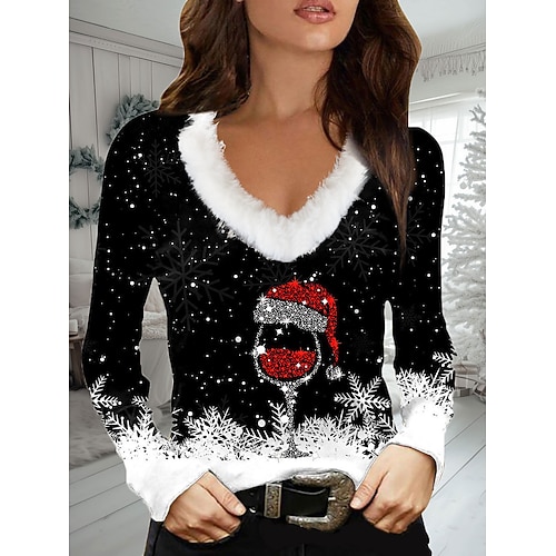 Natale Donne Blusa Felpa Collo a V Bianca Con Rifiniture in Pelliccia Paillettes Decorazione Maniche Lunghe Moda Invernale Festiva Maglione Rosso Nero Festa Casual Fit Regular Confortevole Morbida