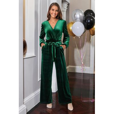 Green Velvet Long Sleeve Straight Leg Jumpsuit