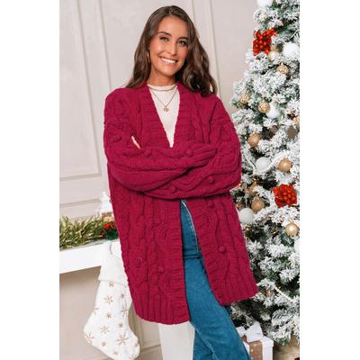 Burgundy Cable Knit Long Sleeve Open Front Cardigan