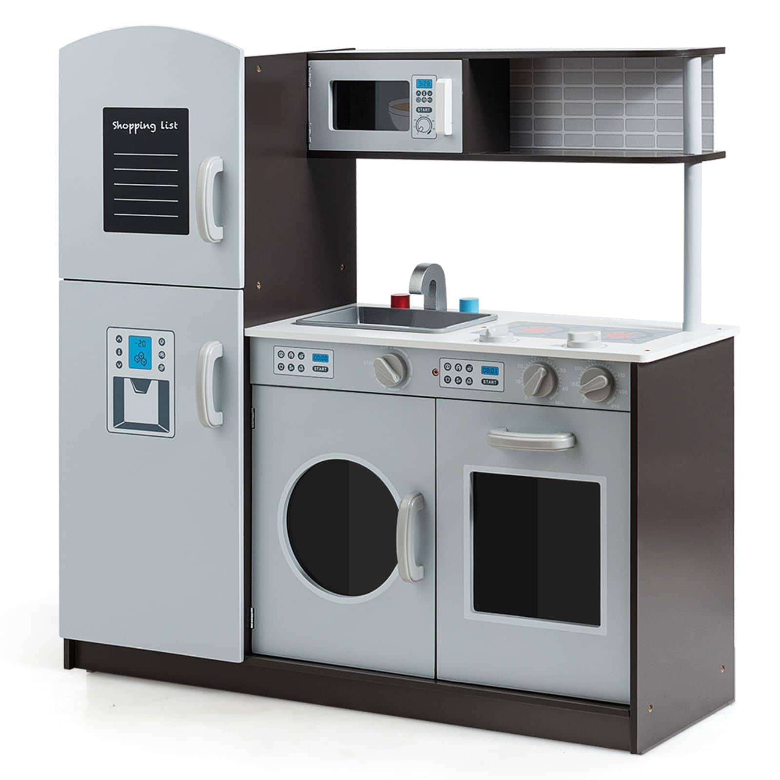 Kids Kitchen Playset, Wooden Little Chef Pretend Toy Kitchen Set w/Sounds, Sink, Stove, Microwave, Storage Cabinet, Shop List