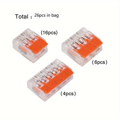 TEMU 26pcs Quick Connect Assortment Kit - Diy Electrical Connectors (28-12 Awg), 2/3/4 Port Push-in Terminals, Plug-in Blocks For Cable , Nylon Insulated, Orange, Cllice Image